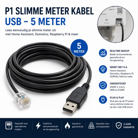 P1 Kabel Slimme Meter USB 5 Meter – Home Assistant, Domoticz & Raspberry Pi – DSMR 3/4/5
