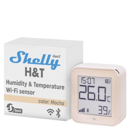 Shelly H&T Gen3 Mocha – Slimme WiFi Temperatuur- en Vochtigheidssensor met Display