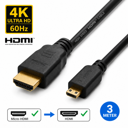 Micro-HDMI naar HDMI Kabel - 3 Meter 4Kp60