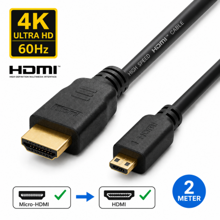 Micro-HDMI naar HDMI Kabel - 2 Meter 4Kp60