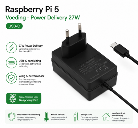 Raspberry Pi 5 Voeding - Power Delivery 27W USB-C